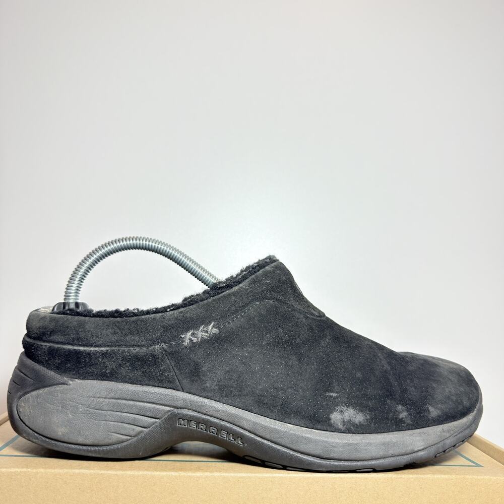 Merrell Womens10 Encore Ice 5 Black Suede Fur Lined Winter Casual Slip On Clogs